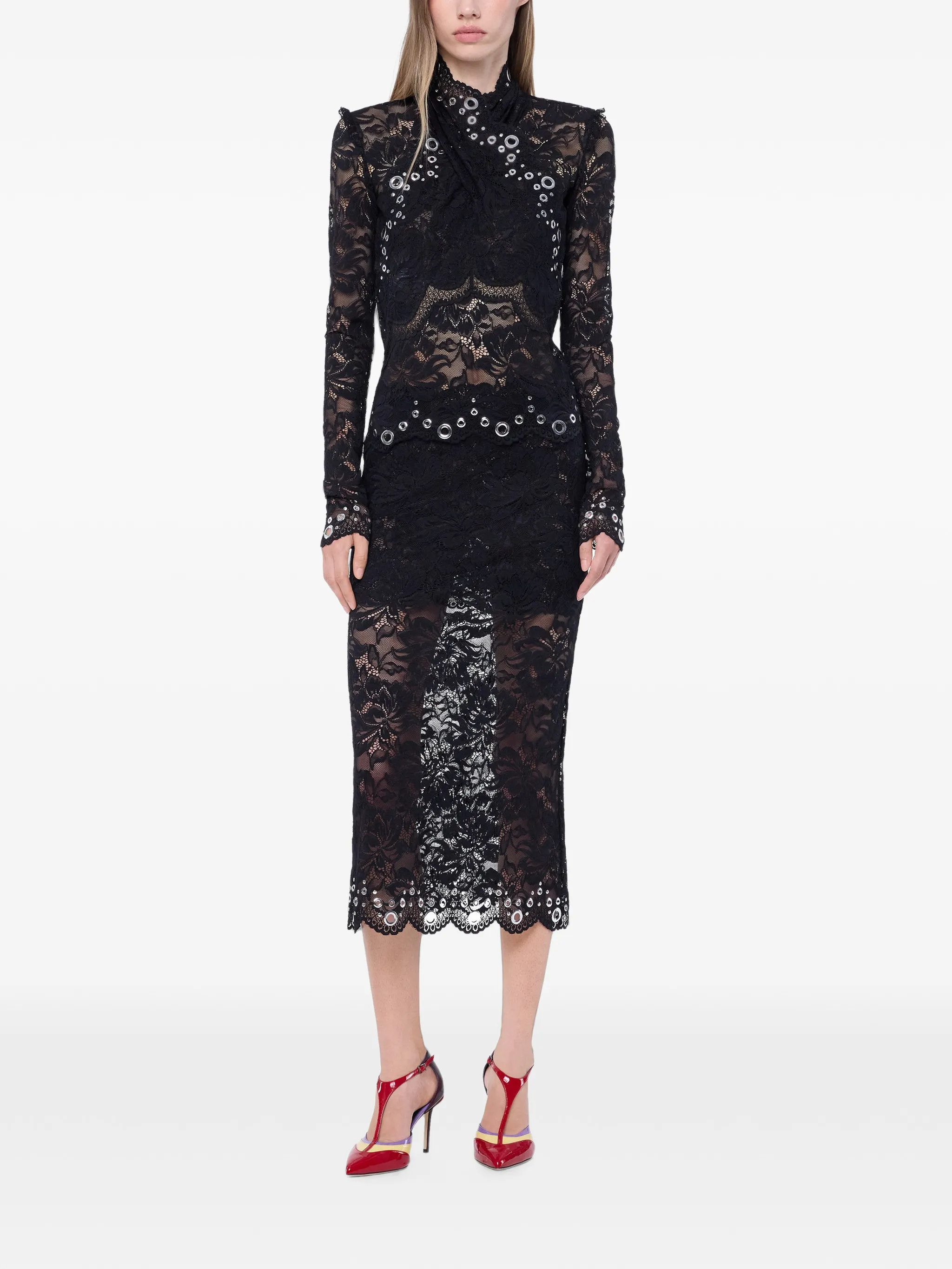 long-sleeve top in black layered lace with silver eyelets details