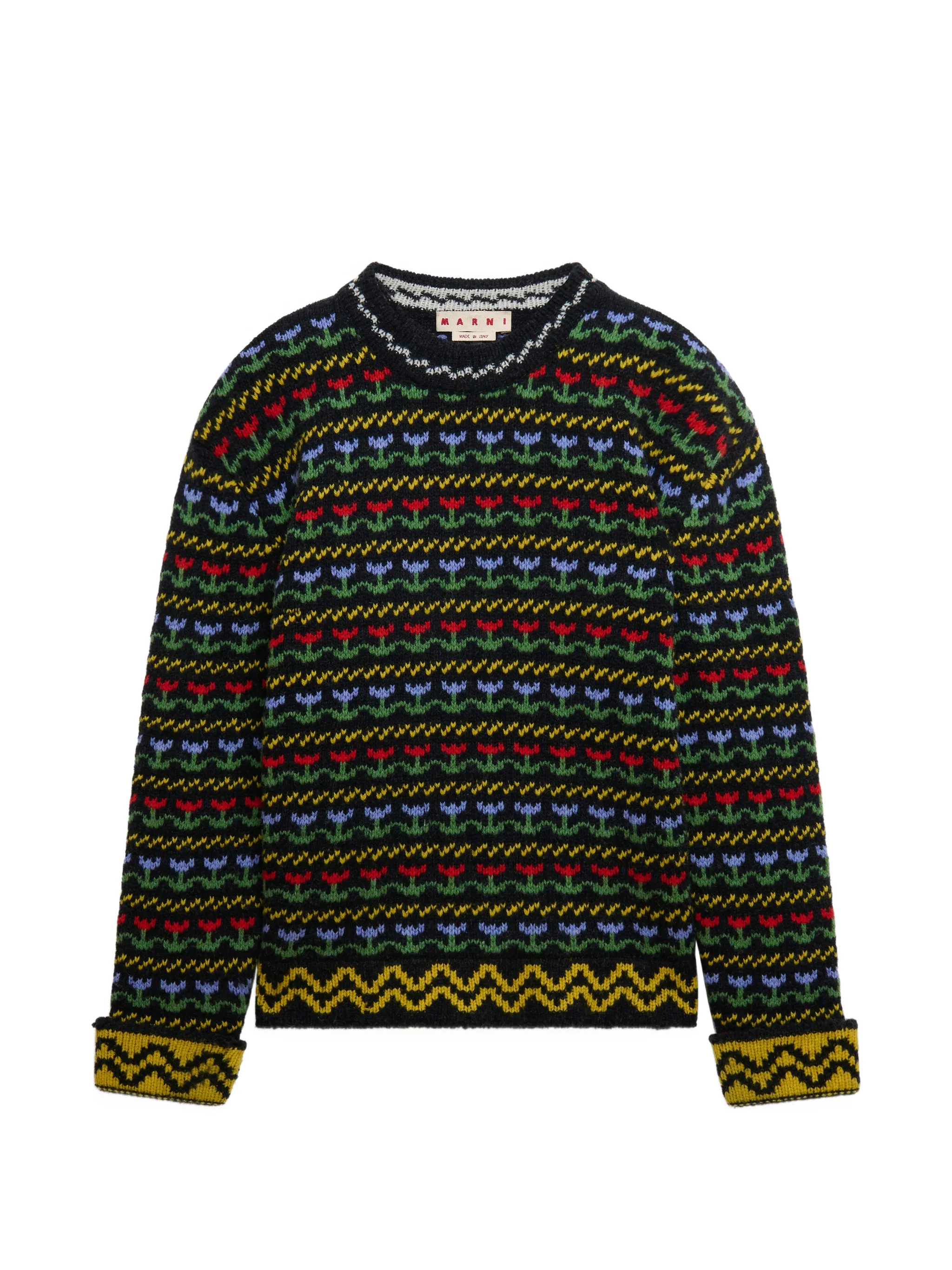 black shetland wool sweater with fairisle motif