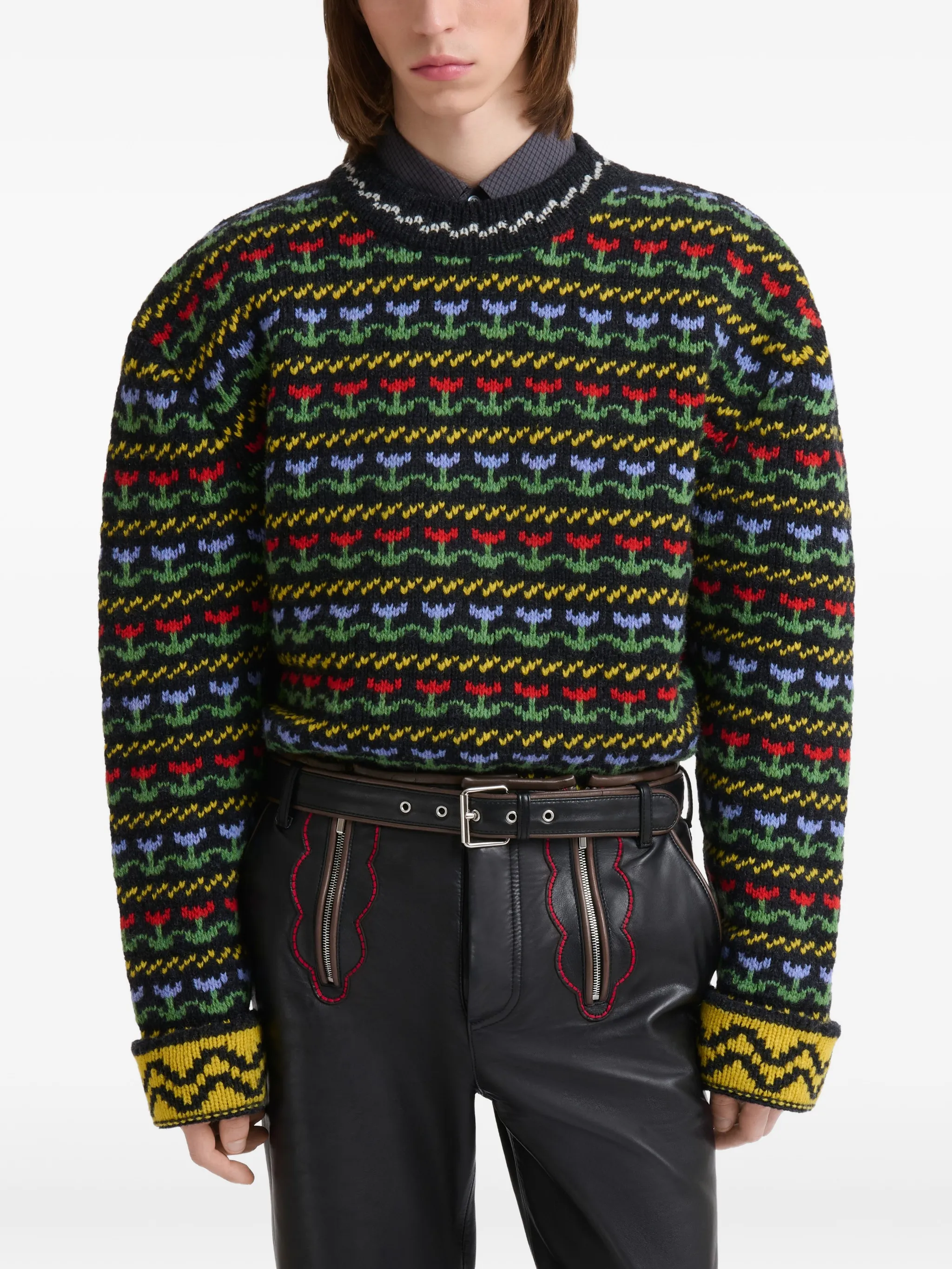 black shetland wool sweater with fairisle motif