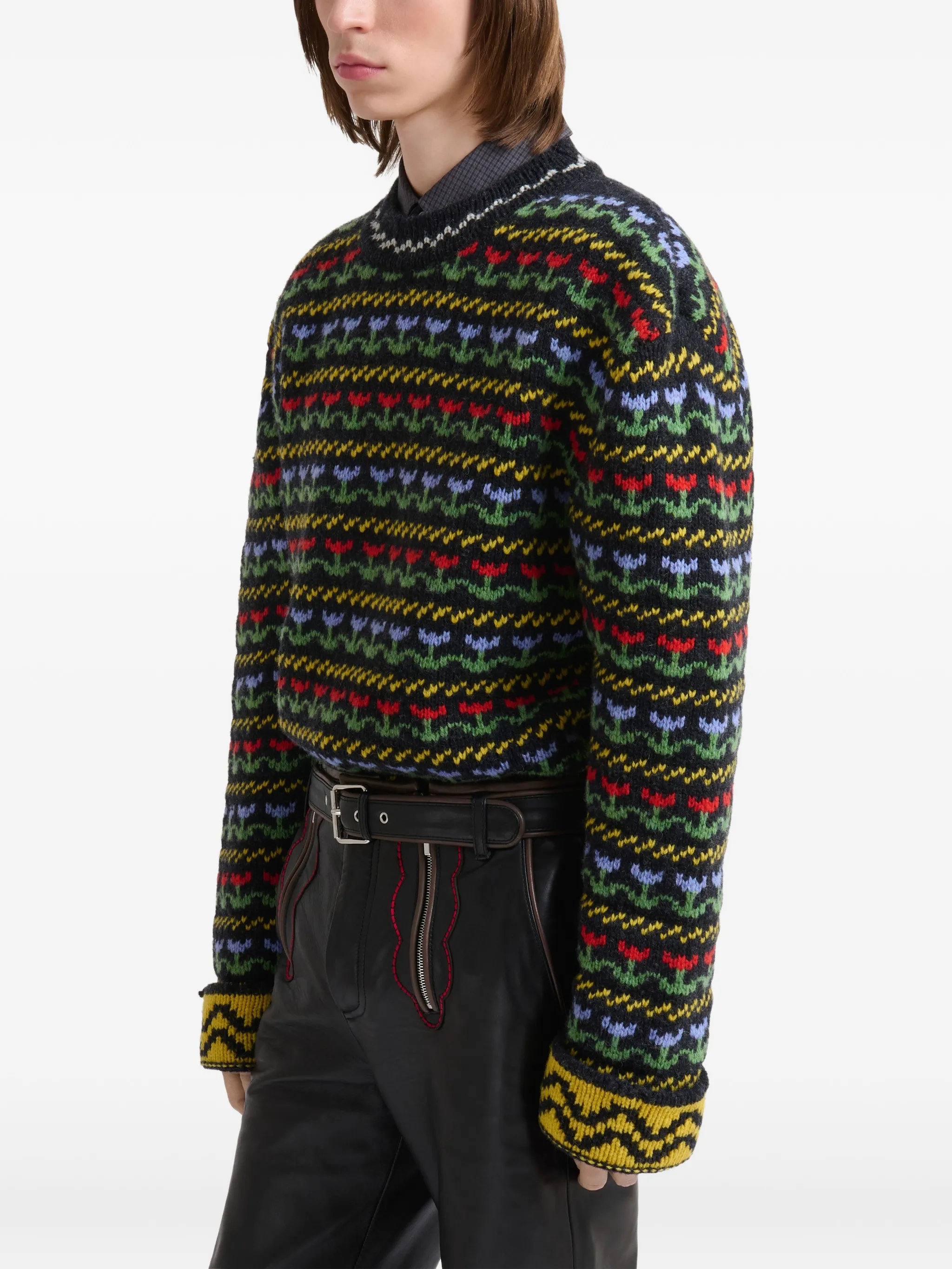 black shetland wool sweater with fairisle motif