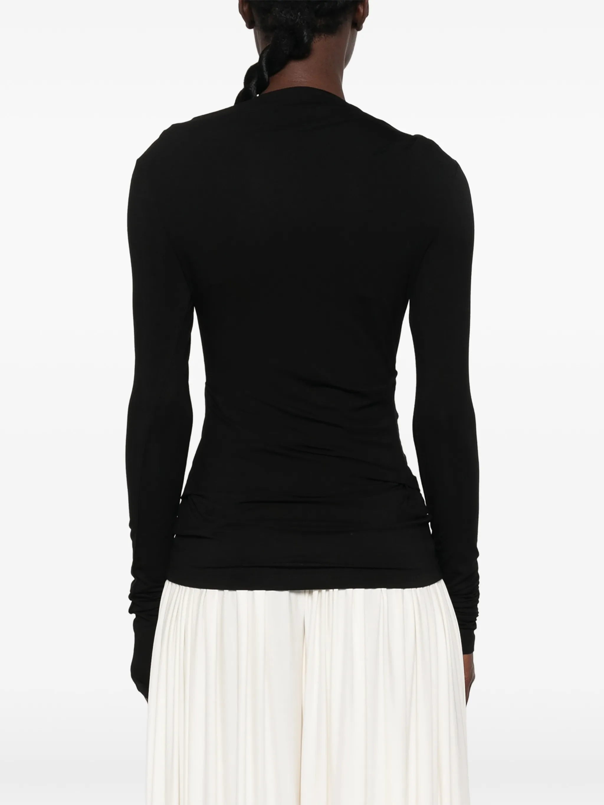 draped long-sleeve top