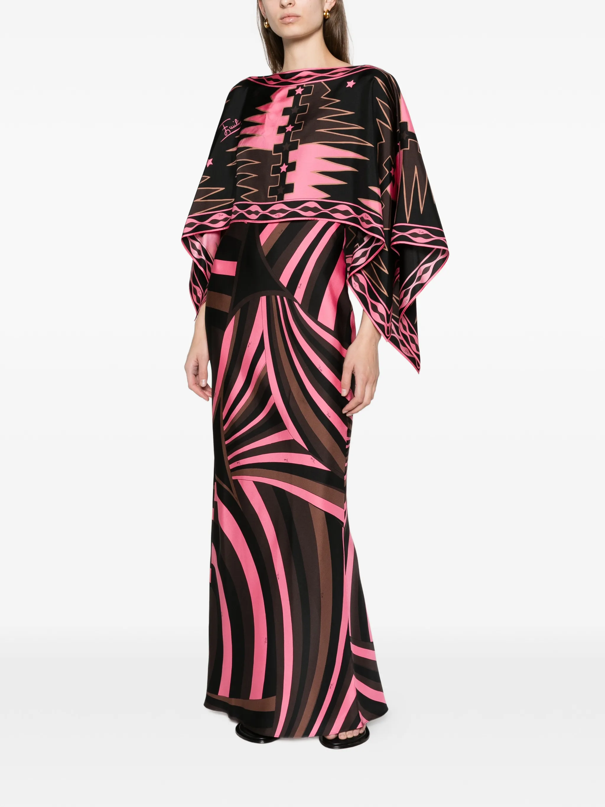 Iride-print silk dress with cape