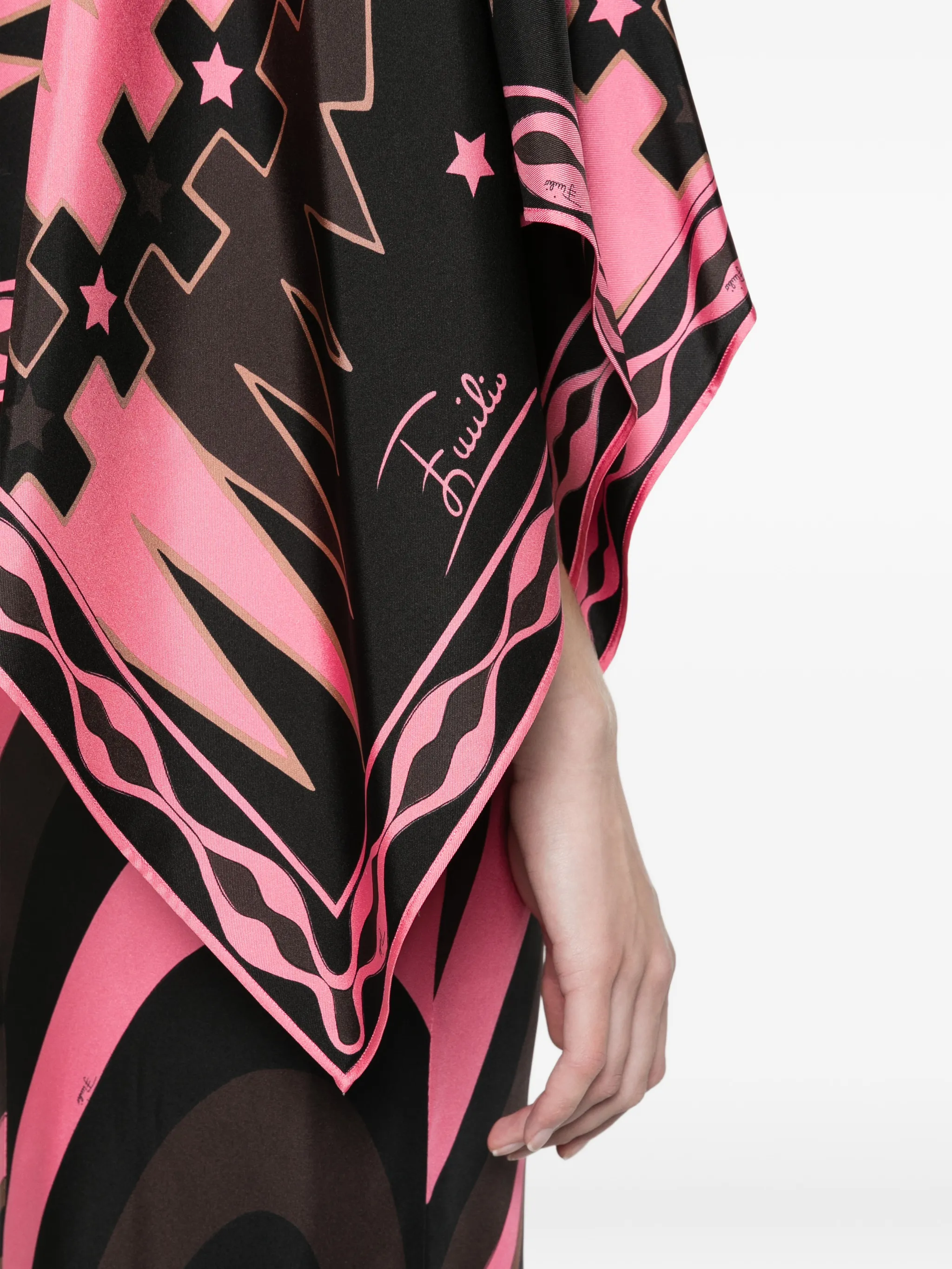Iride-print silk dress with cape