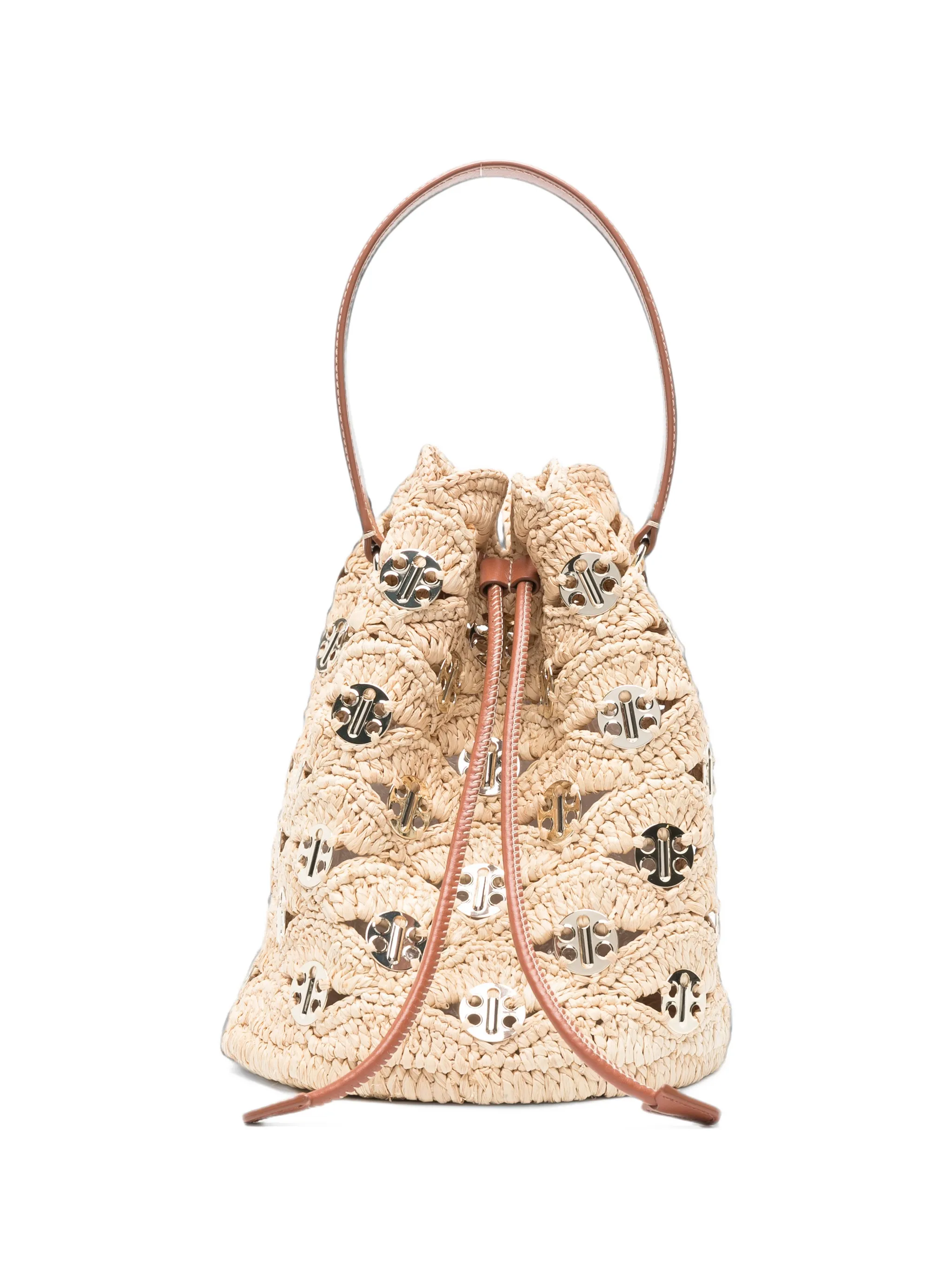 medallion-embellished raffia bucket bag