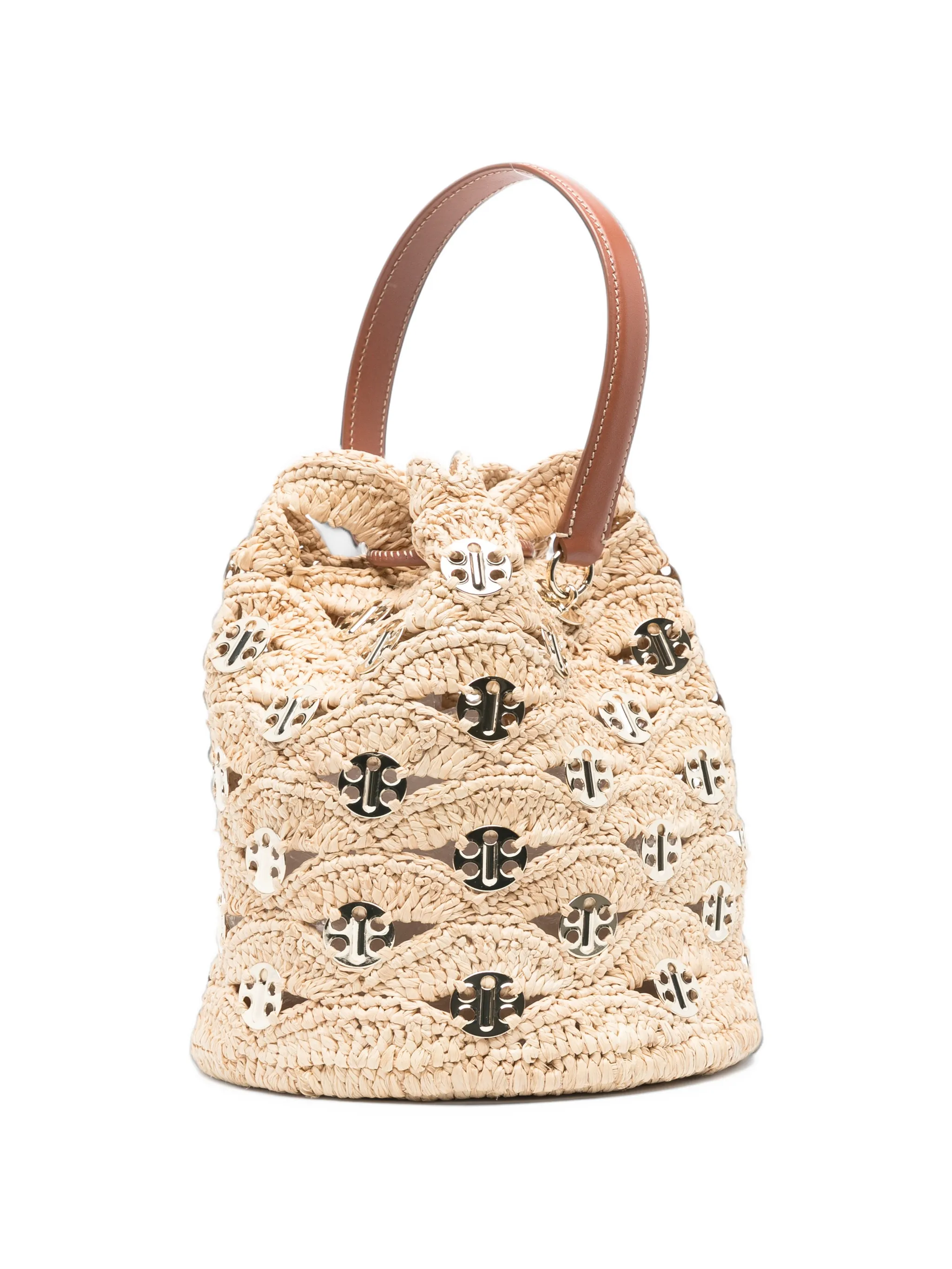 medallion-embellished raffia bucket bag